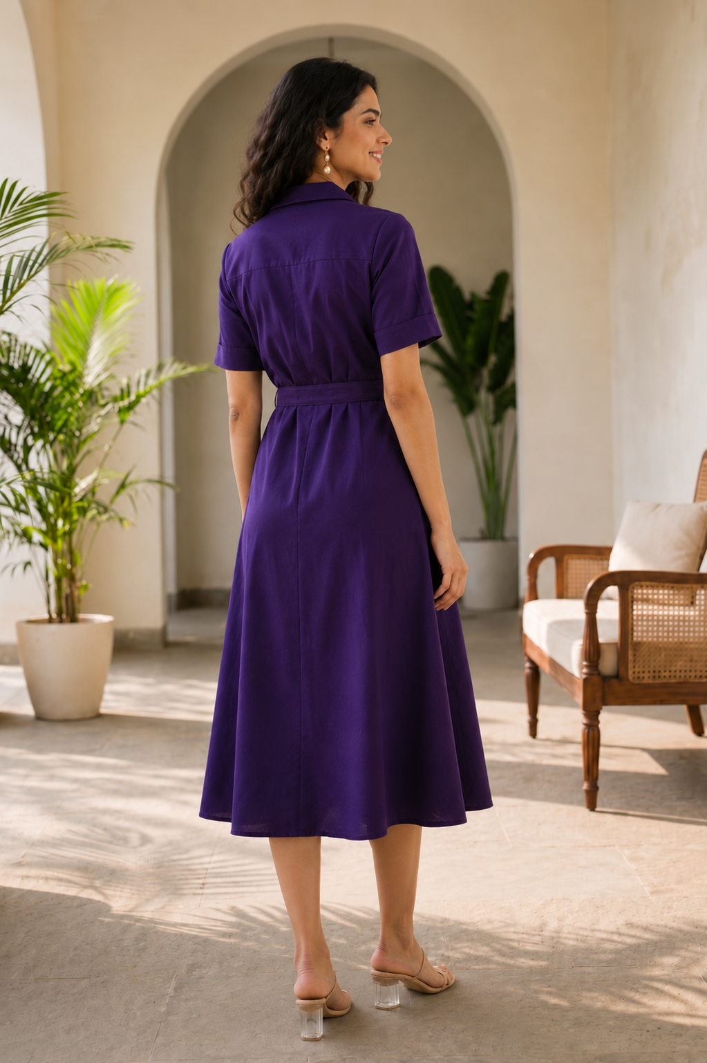 Berry Purple Cotton Poplin Midi Dress (Casual)