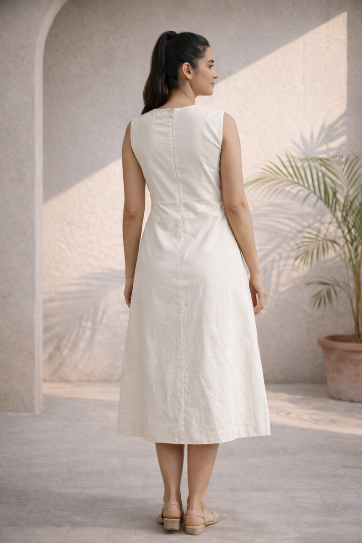 Pearl White Organic Cotton Midi Dress (Casual)