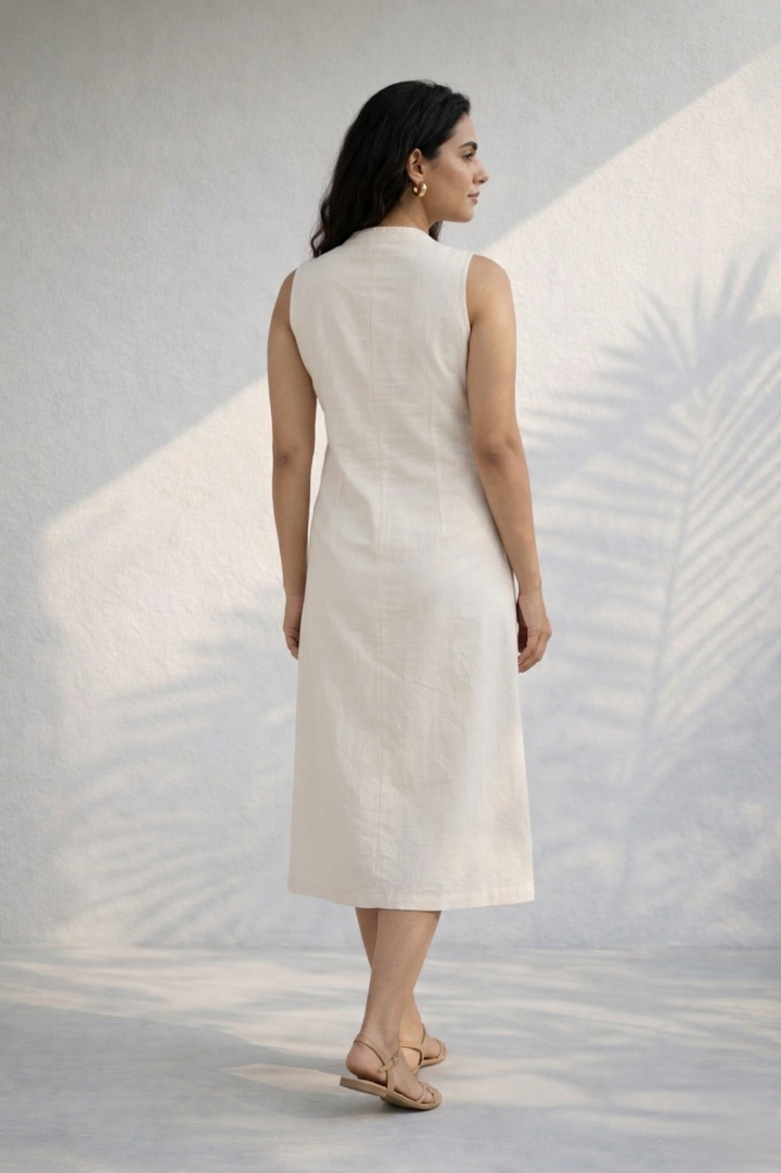 Off White Solid Cotton Midi Dress With Cinched Waist (Everyday Casual)