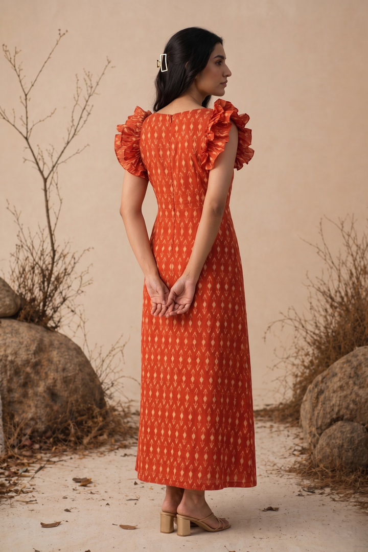 Amber Orange Handloom Ikkat Ruffle Sleeve Dress