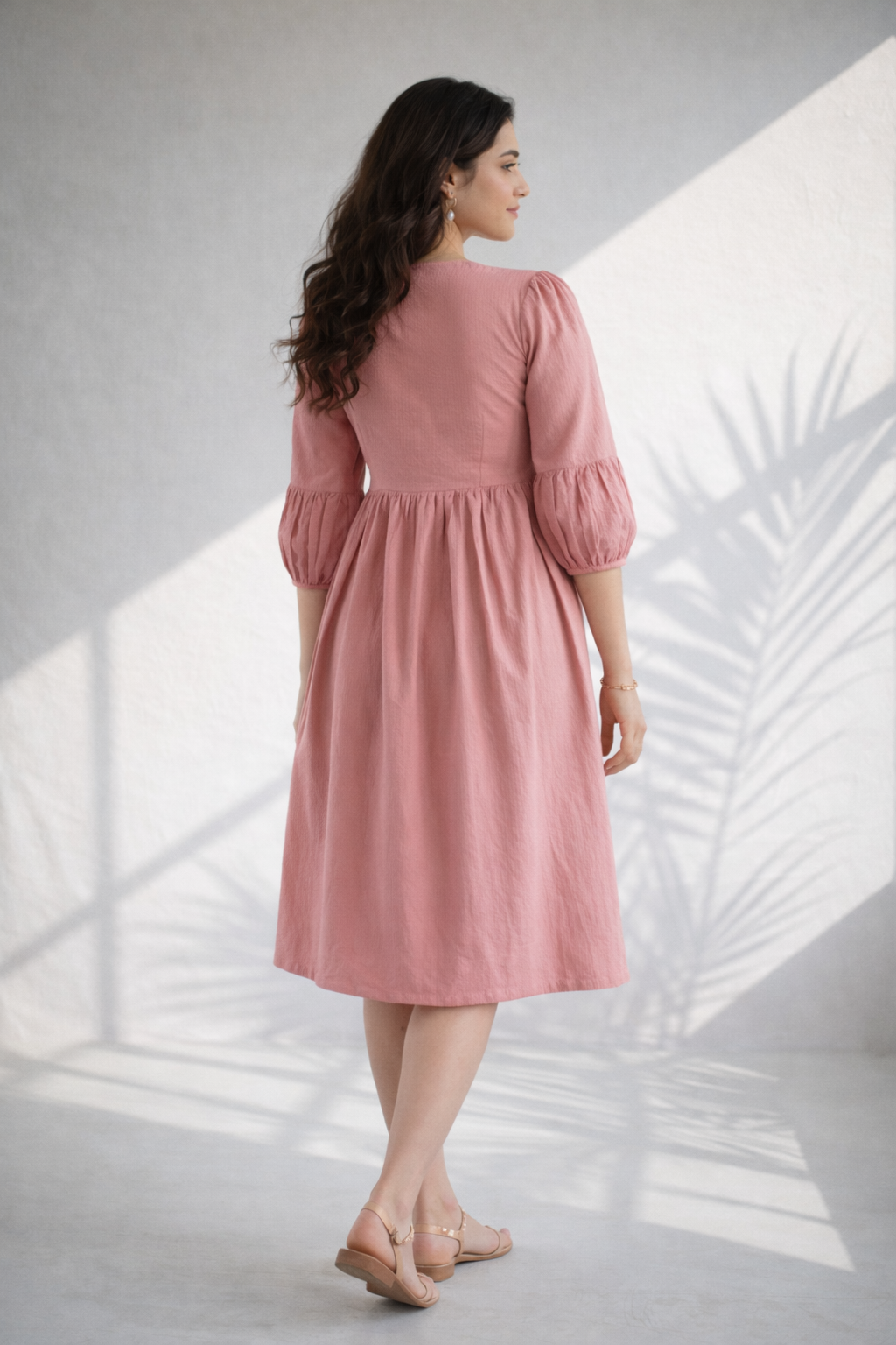 Rose Pink Floral Print Cotton Midi Dress (Casual)