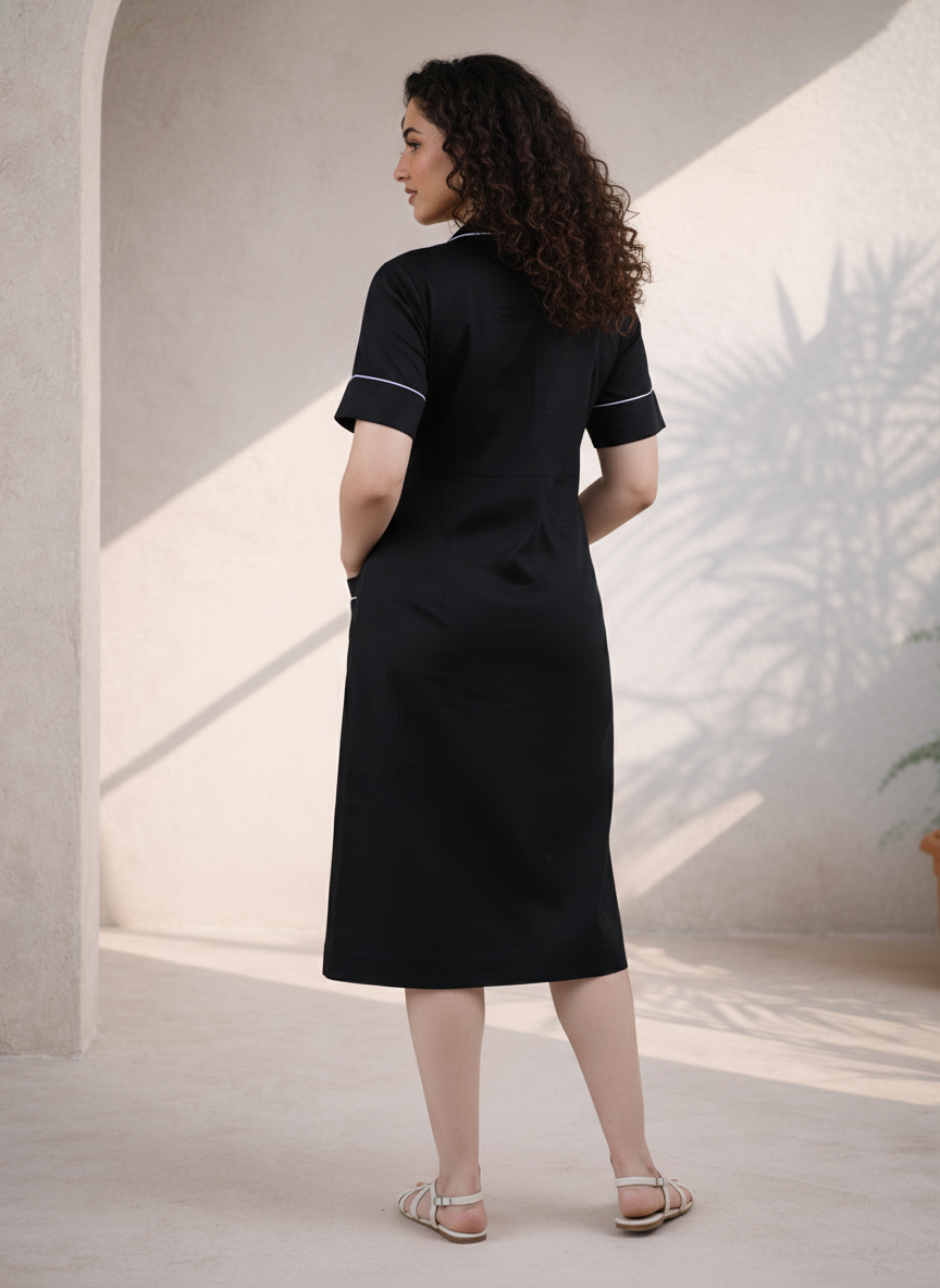 Black Organic Cotton Poplin Straight Midi Dress (Everyday Workware)