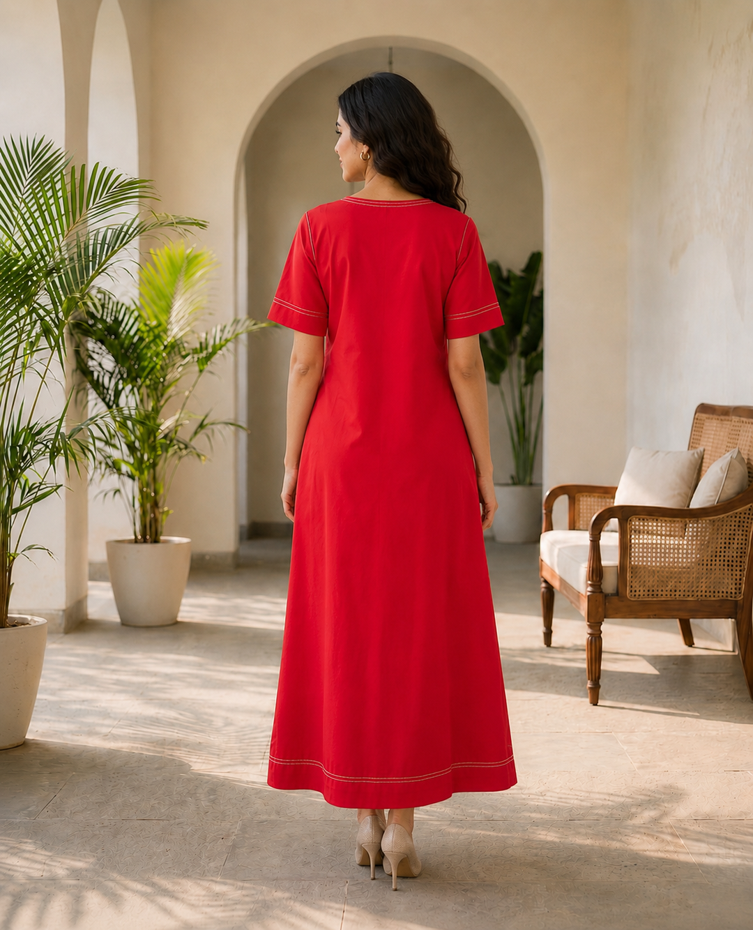Solid Red Organic Cotton Poplin V-Neck Maxi Dress