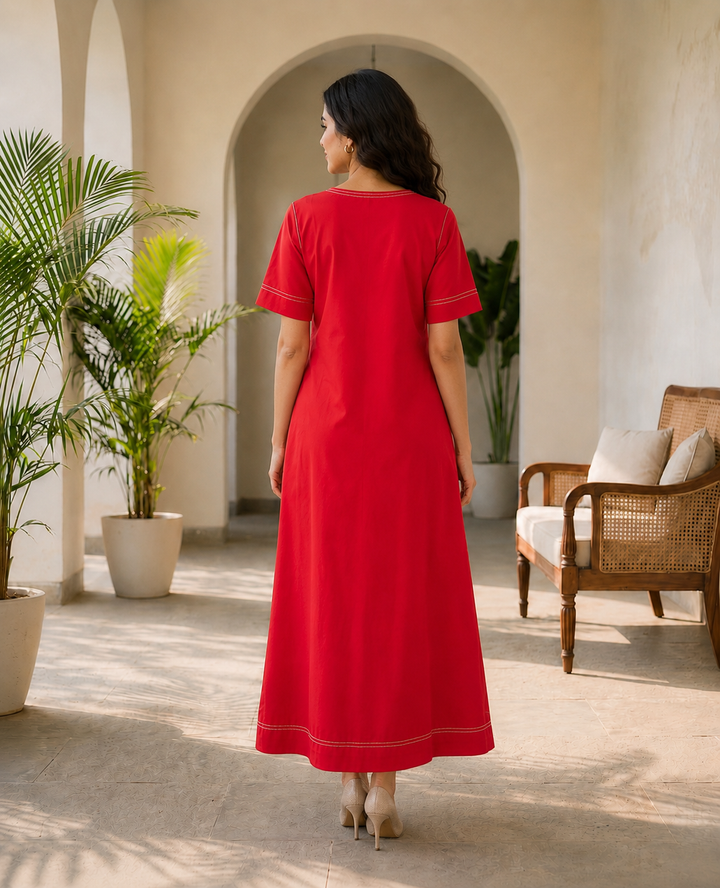 Solid Red Organic Cotton Poplin V-Neck Maxi Dress