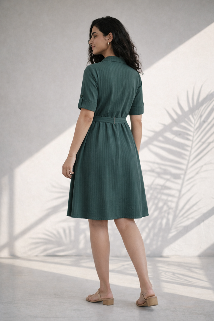 Olive Green Solid Cotton Poplin Flare Dress (Everyday Casual)