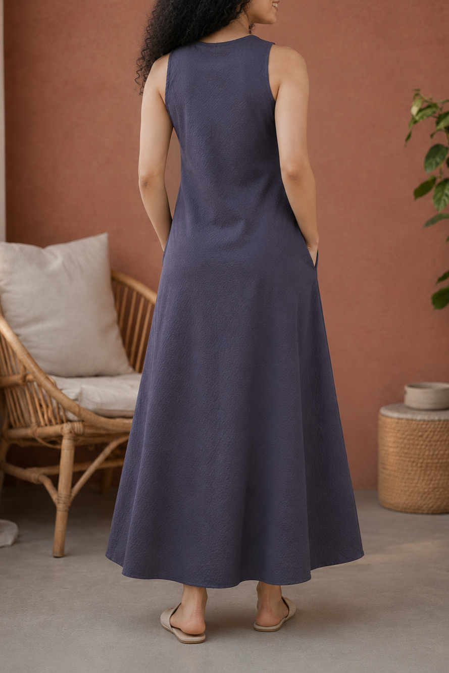 Slate Grey Organic Seersucker A-Line Maxi Dress