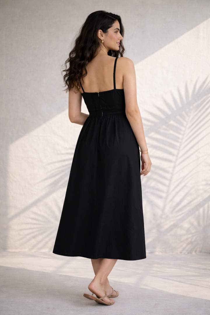 Black Heart Cotton Poplin Midi Dress (Everyday Casual)