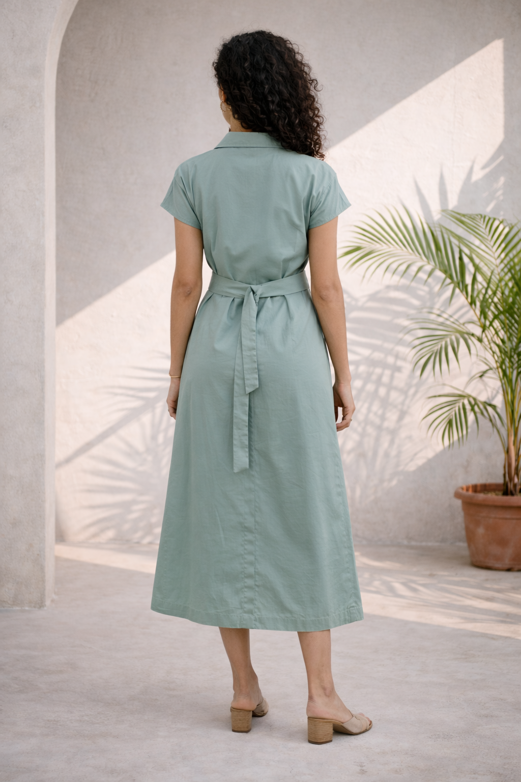 Sage Green Organic Cotton Shirt Midi Dress