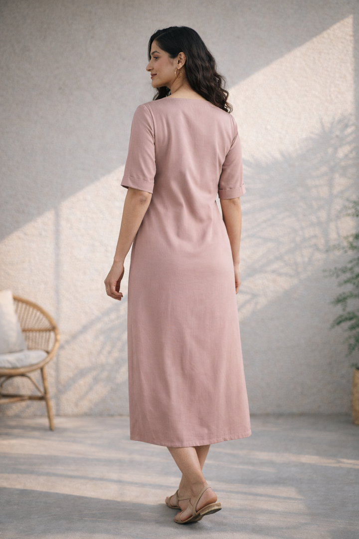 Rose Pink Cotton Midi Dress (Everyday Casual)