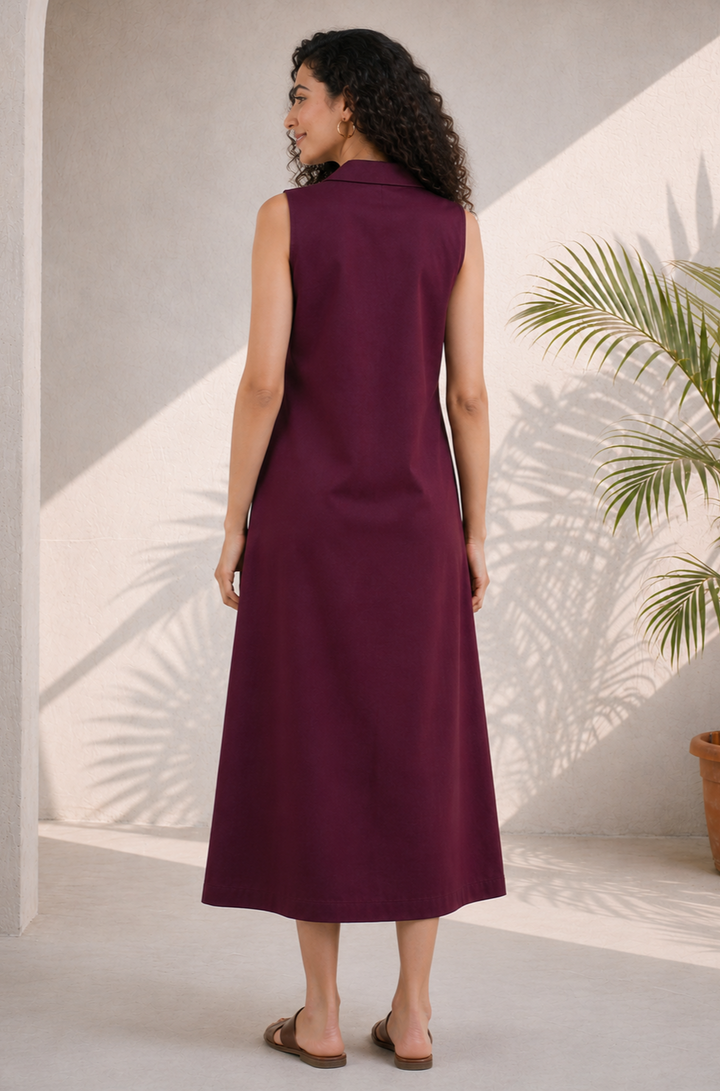 Wine Red Solid Cotton Poplin Flared Casual Maxi Dress