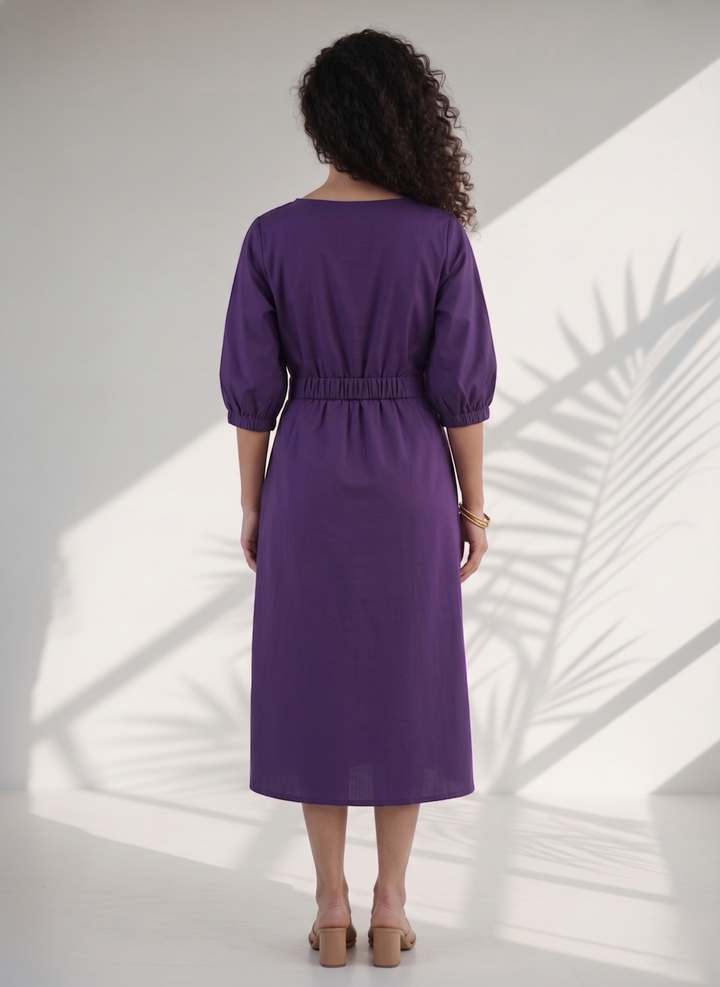 Deep Purple Cotton Poplin Midi Dress (Casual Summerwear)