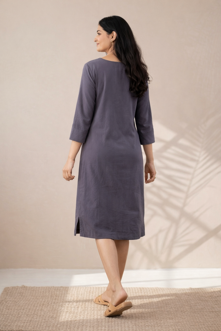 Slate Grey Seersucker Shift Midi Dress (Easy Everyday)