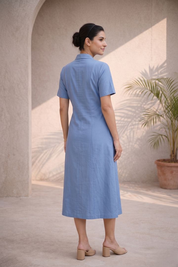 Mediterranean Blue Cotton Poplin Midi Dress (Workwear)