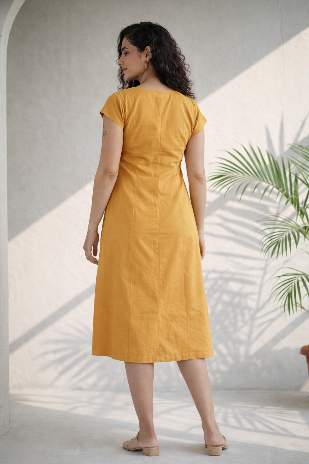 Mustard Yellow Linen Button-Down Midi Dress (Workwear)