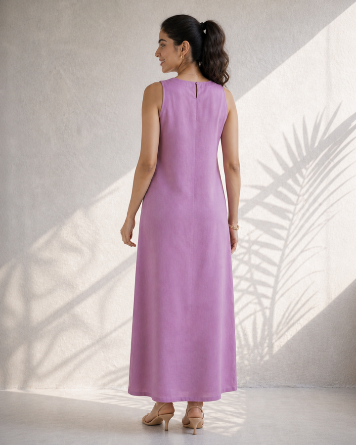 Blush Pink Hand-Painted Linen Midi Dress (Summer)