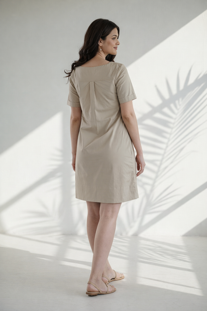 Khaki Solid Cotton Shift Dress (Everyday Casual)
