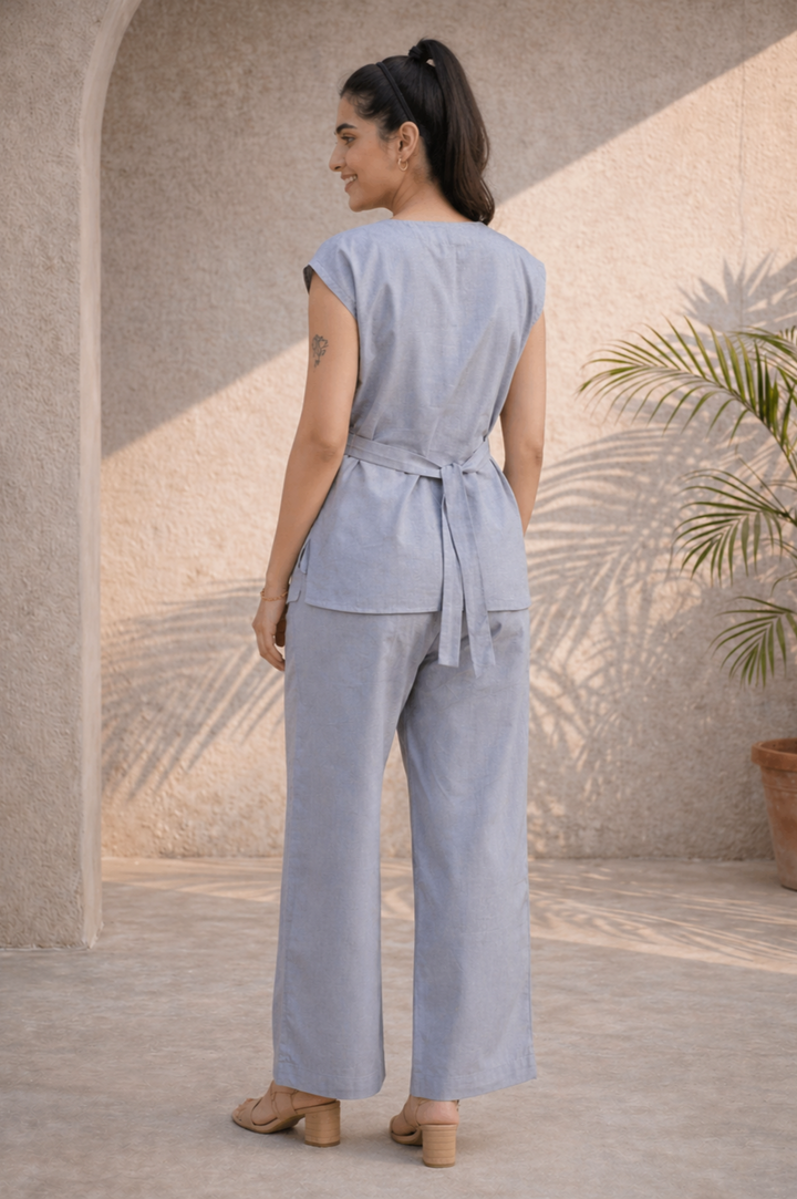 Denim Grey-Blue Organic Cotton Twill Belted Co-ord Set (Casual/ Workwear)