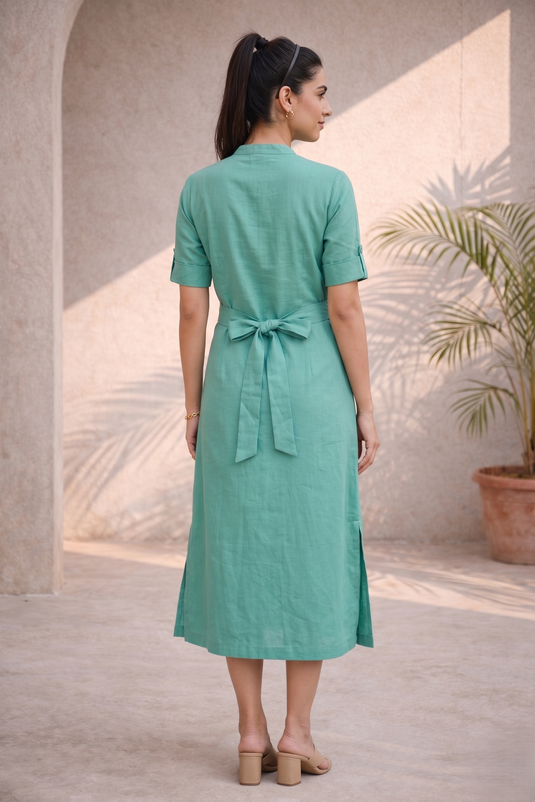 Sea Green Cotton Midi Dress  (Casual/ Workwear)