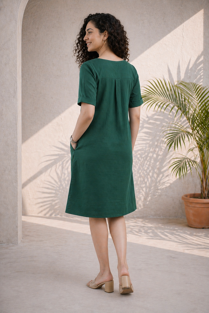 Olive Green Cotton-Linen Shift Dress (Workwear)