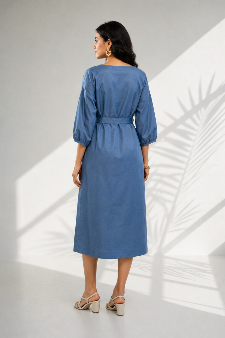 Dove Grey Cotton Linen Kimono Midi Dress (Brunch)