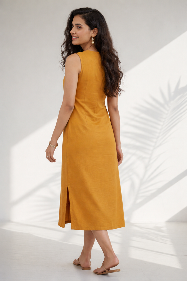 Mustard Cotton Linen Embroidered Straight Dress