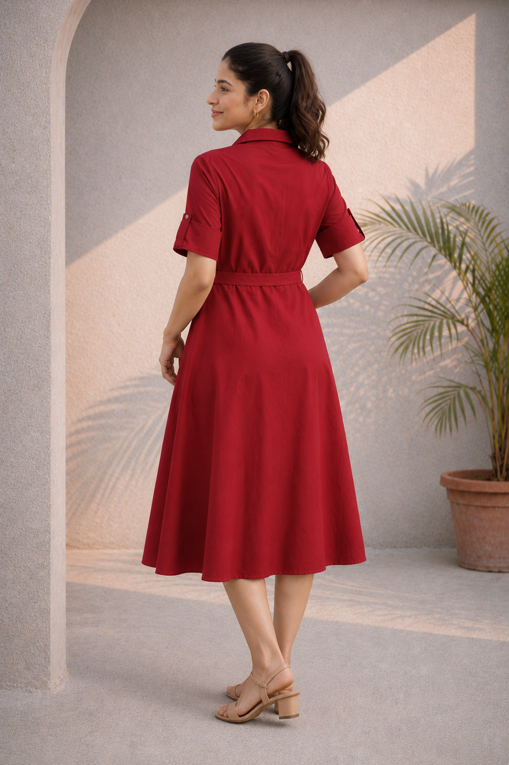 Red Cotton Button-Down Midi Dress (Casual)