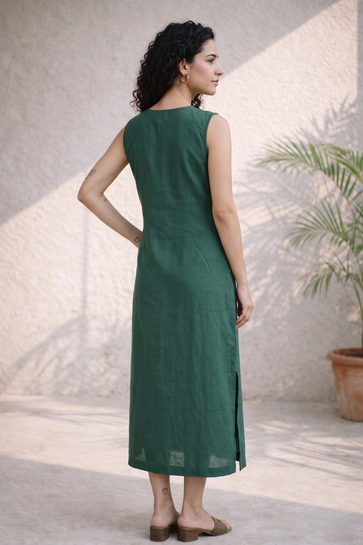 Olive Green Solid Cotton Shirt Dress (Workwear)