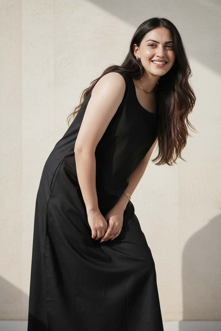 Black Cotton Slip Midi Dress (Eveningwear)