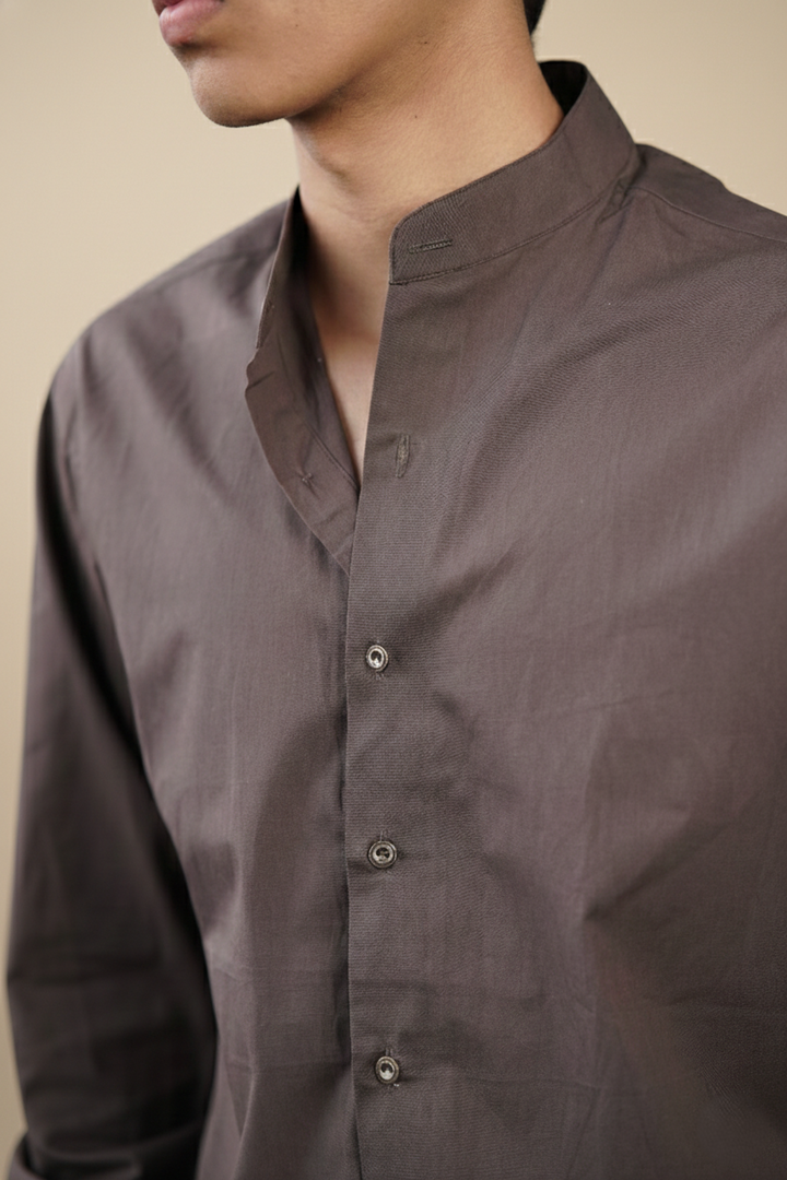 Dark Brown Solid Organic Cotton Mandarin Collar Shirt (Smart Casual)