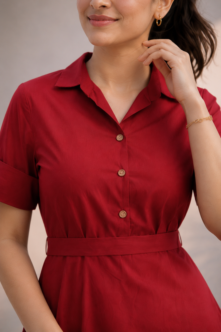 Red Cotton Button-Down Midi Dress (Casual)