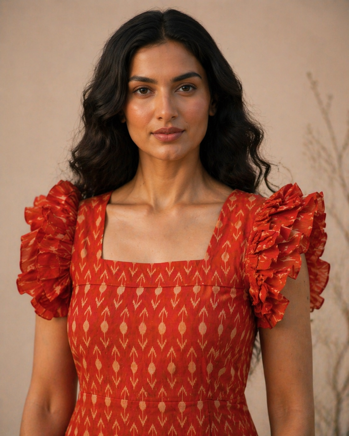 Amber Orange Handloom Ikkat Ruffle Sleeve Dress