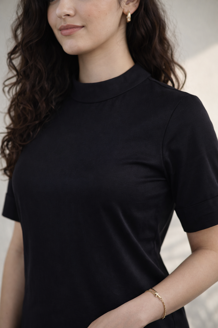 Black Organic Cotton Poplin Straight Midi Dress (Workwear)