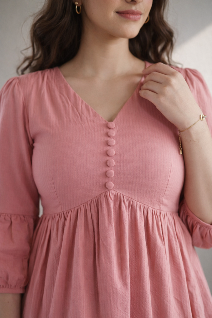 Rose Pink Floral Print Cotton Midi Dress (Casual)