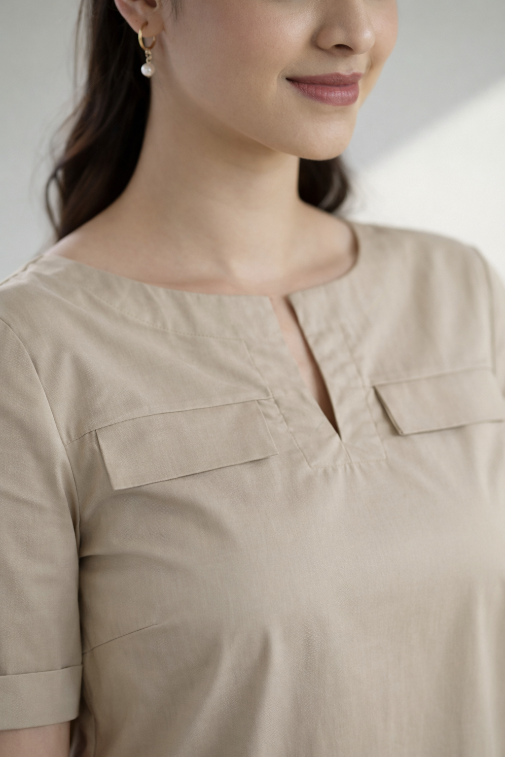 Khaki Solid Cotton Shift Dress (Everyday Casual)