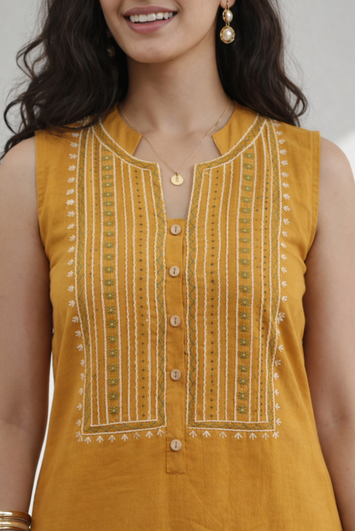 Mustard Cotton Linen Embroidered Straight Dress