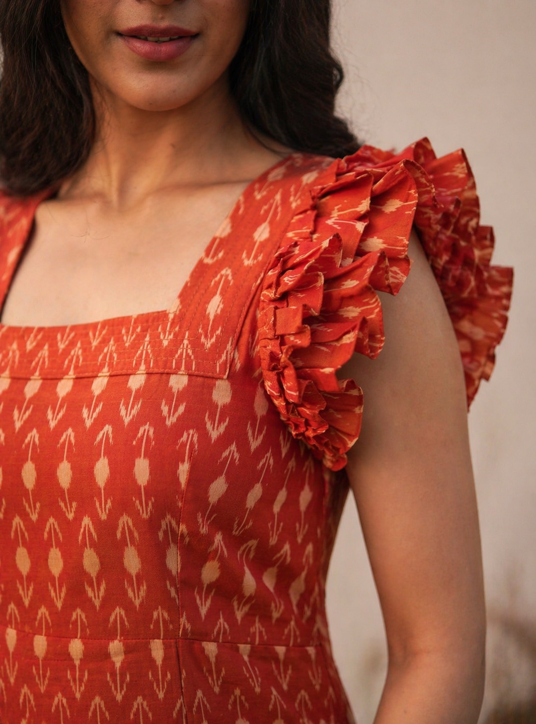Amber Orange Handloom Ikkat Ruffle Sleeve Dress