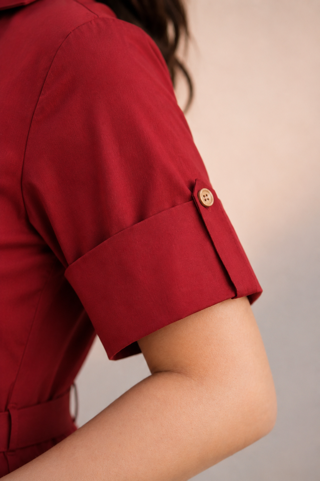 Red Cotton Button-Down Midi Dress (Casual)