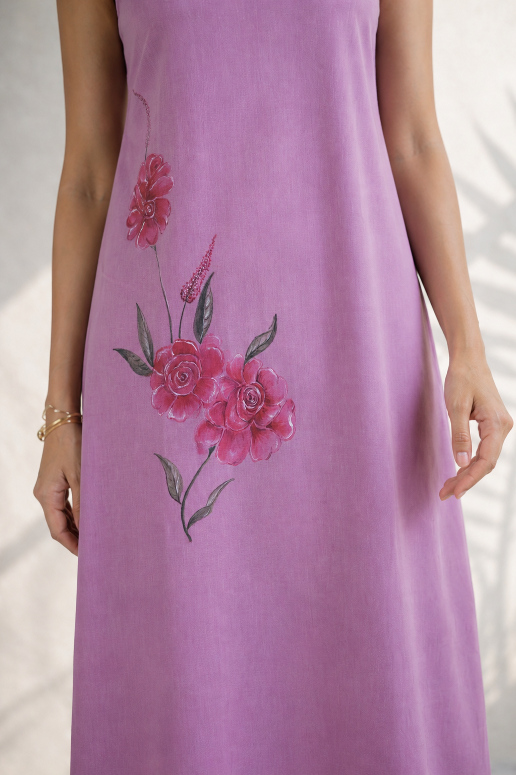 Blush Pink Hand-Painted Linen Midi Dress (Summer)