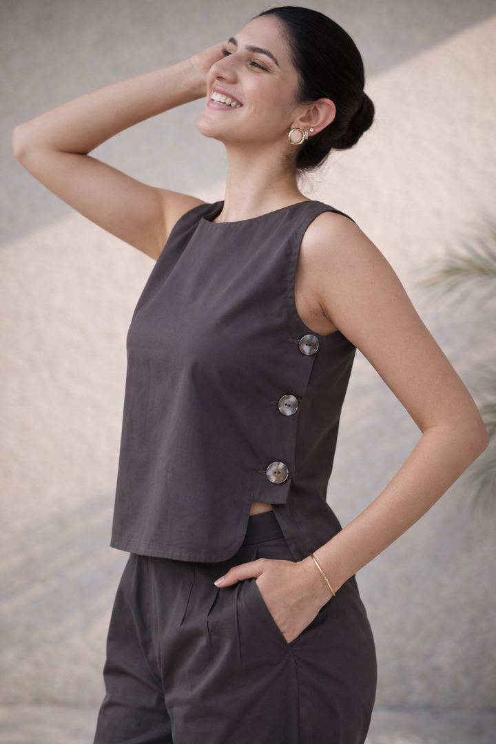 Ash Coffee Organic Cotton Poplin Side-Button Co-ord Set (Workwear)