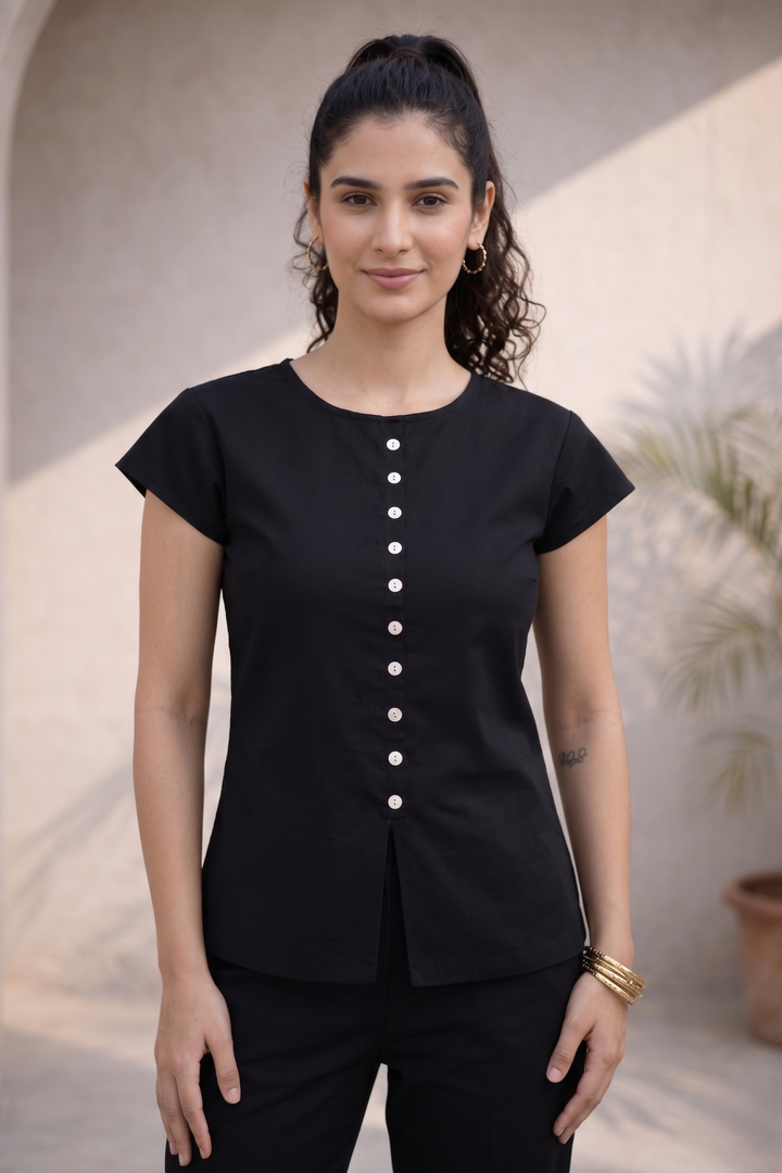 Black Solid Cotton Poplin Co-ord Set (Everyday Casual)