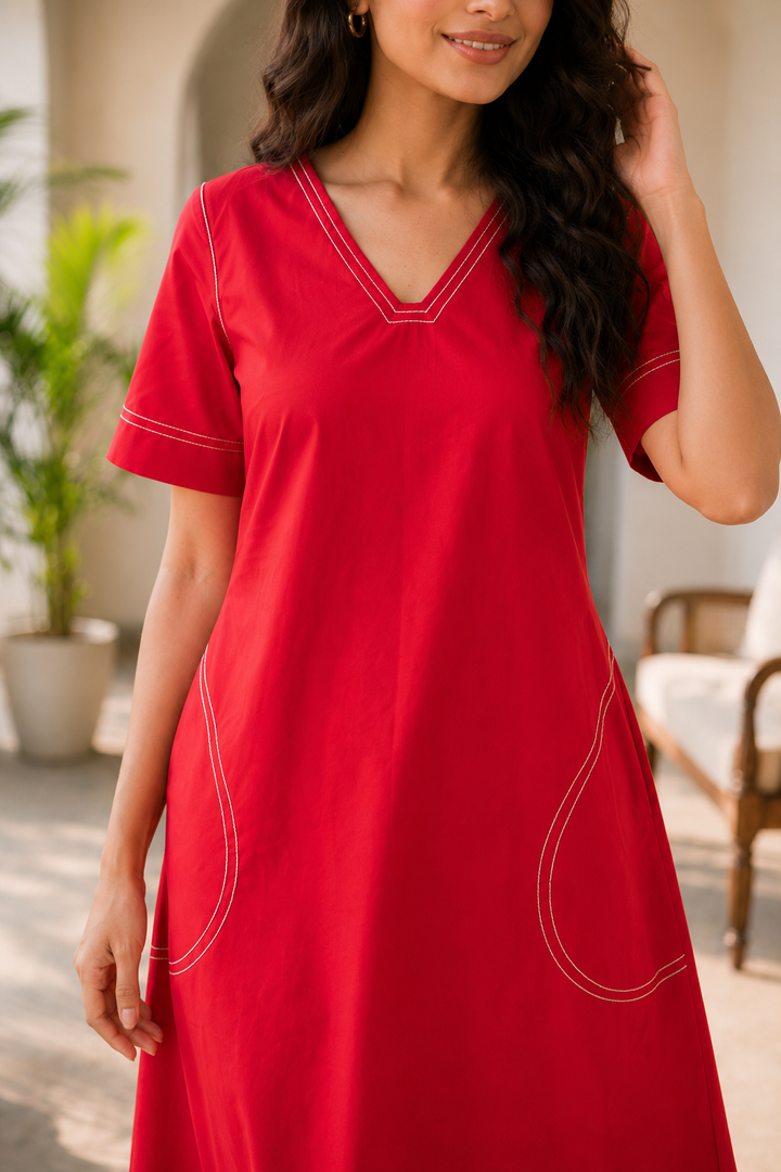 Solid Red Organic Cotton Poplin V-Neck Maxi Dress