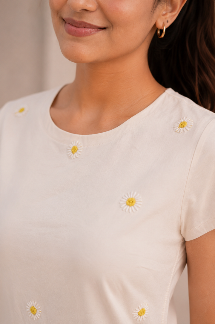 Off-White Daisy Embroidered Cotton Midi Dress (Casual Summerwear)