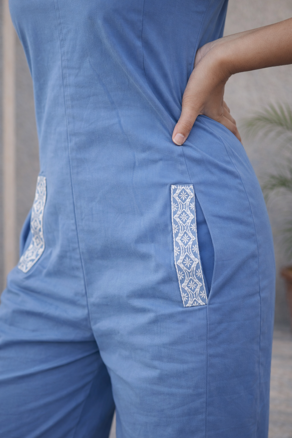 Smoky Blue Organic Cotton Hand-Embroidered Jumpsuit (Smart Casual)