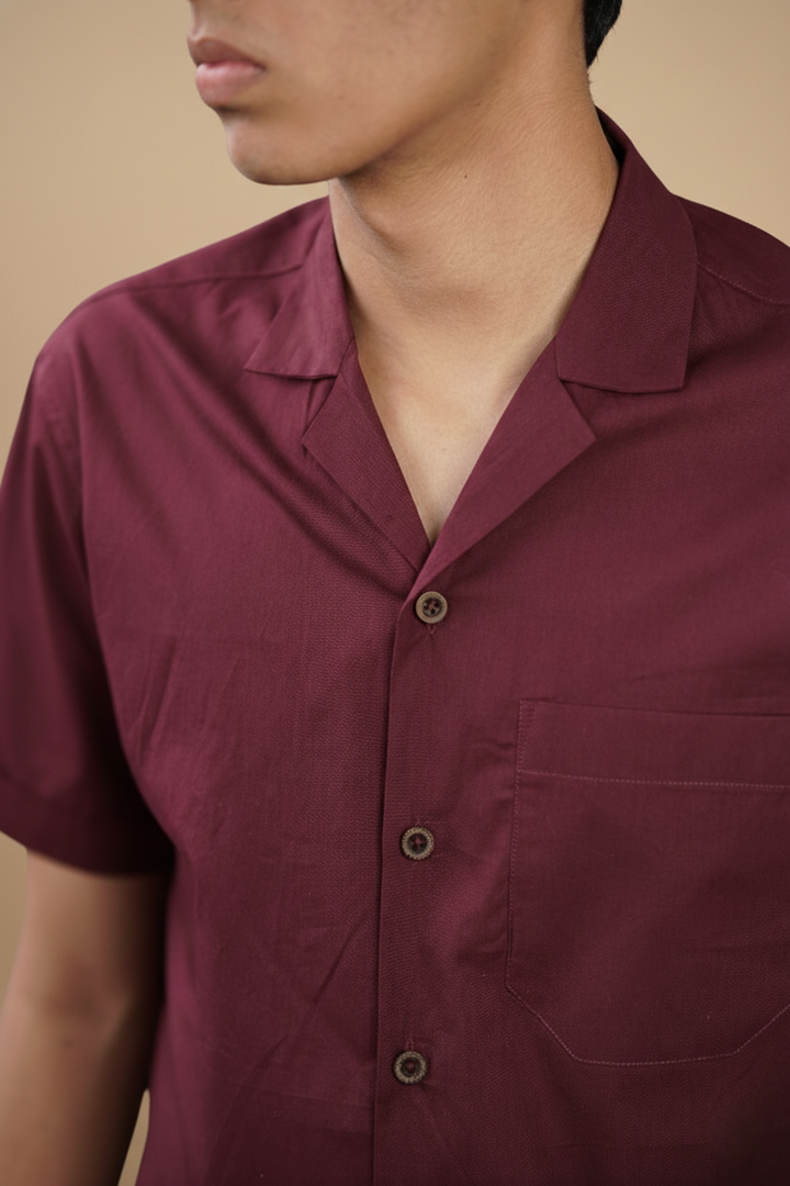 Merlot Solid Organic Cotton Notched Collar Shirt (Casual Wear)