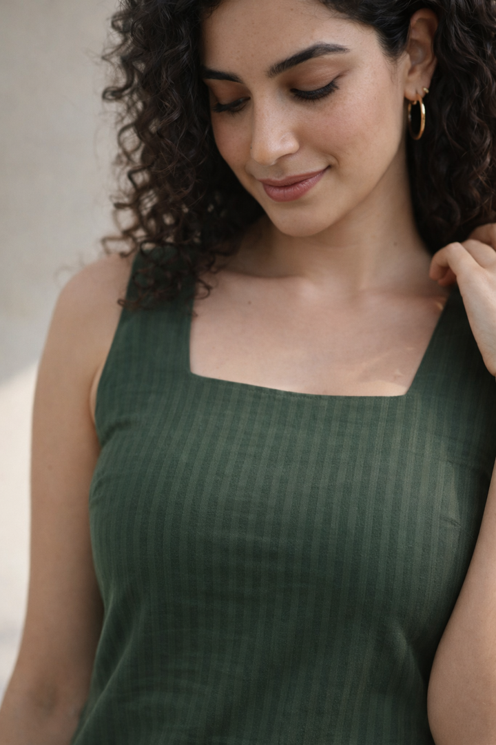 Olive Green Organic Cotton Seersucker Straight Dress (Casual)