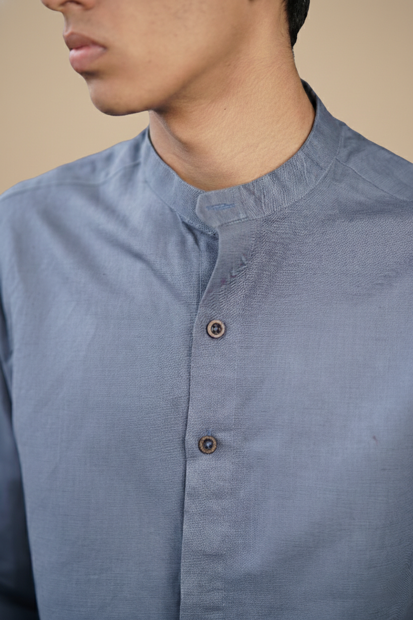Ash Blue Natural Linen Mandarin Collar Shirt (Everyday Wear)