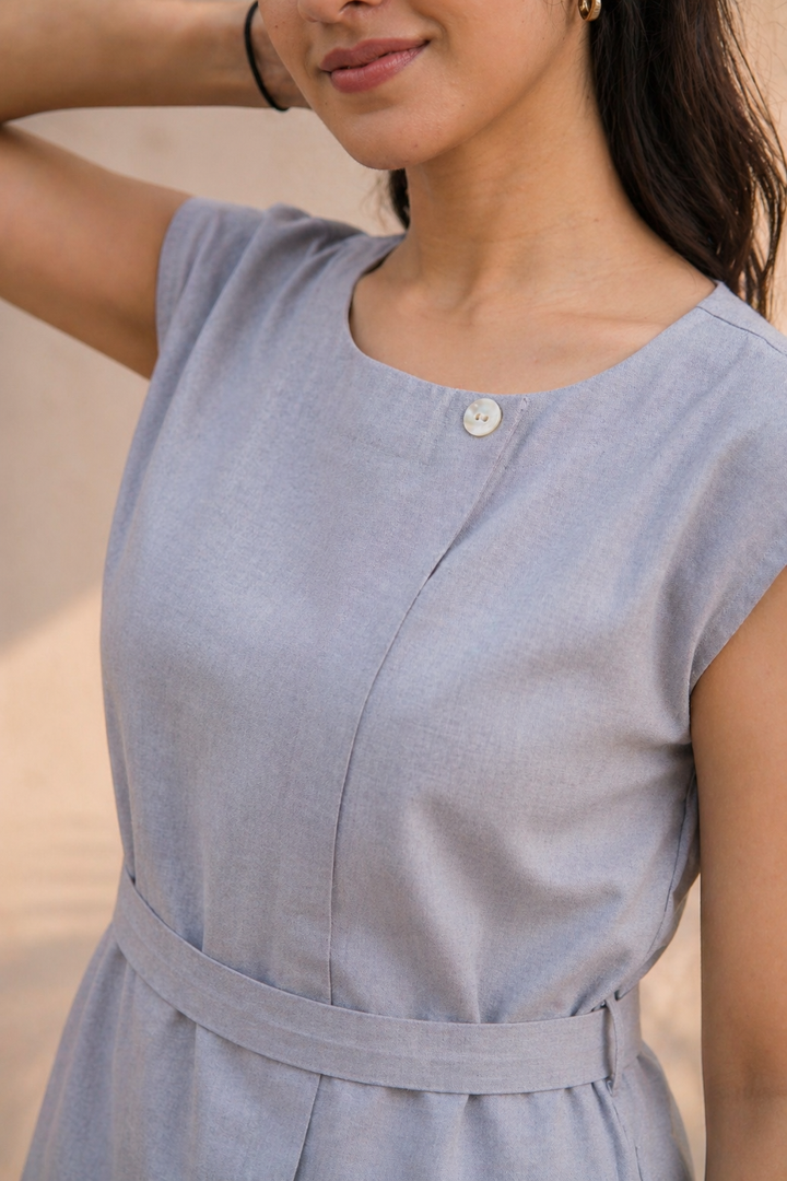 Denim Grey-Blue Organic Cotton Twill Belted Co-ord Set (Casual/ Workwear)