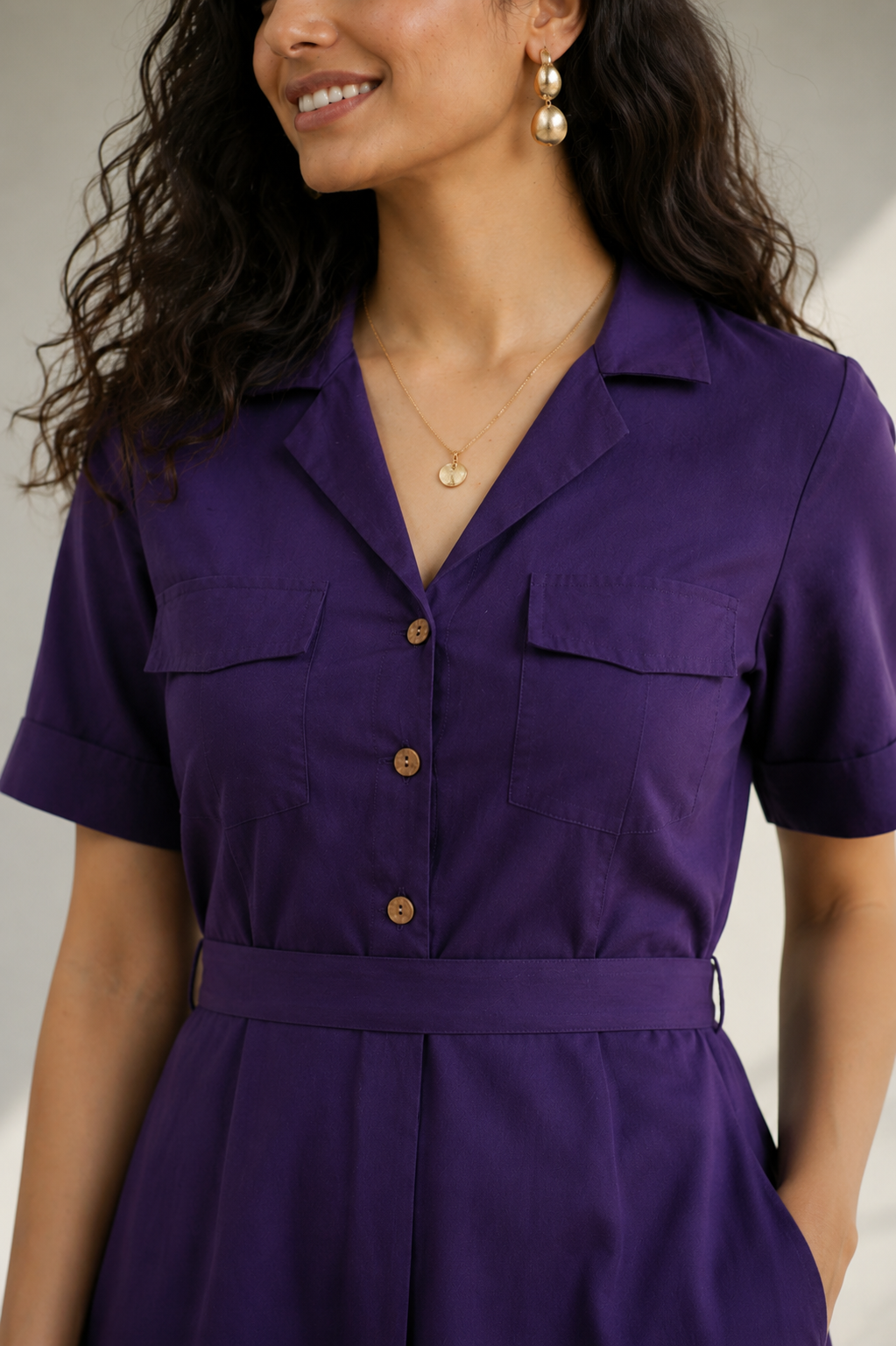 Berry Purple Cotton Poplin Midi Dress (Casual)
