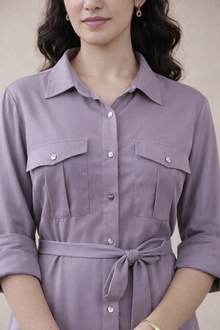 Lilac Grey Eco Vero Twill Shirt Midi Dress (Casual)