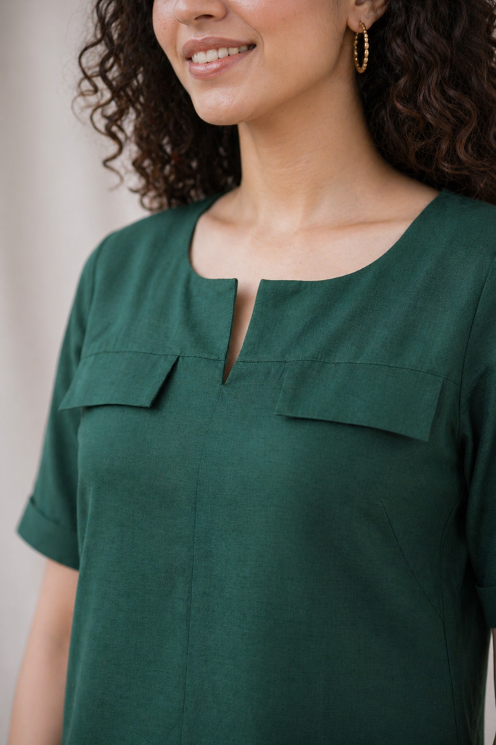 Olive Green Cotton-Linen Shift Dress (Workwear)